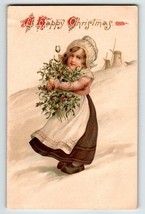 Christmas Postcard Dutch Girl Windmills Ernest Nister London 1908 Poinsettias - £12.96 GBP