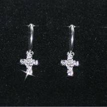 Diamond Alternatives Sm Hoop Cross Dangle Earrings 14k White Gold over 925 SS - $46.54