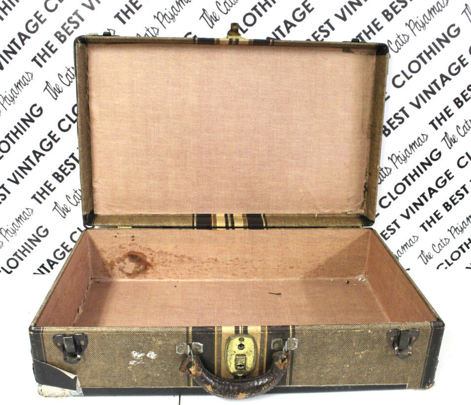 ANTIQUE VTG Worcester T&S 1940s TWEED STRIPED 21" SUITCASE Distressed Hardside Item image 3