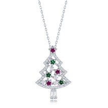Sterling Silver Green, Red &amp; White Christmas Tree Necklace - £30.02 GBP