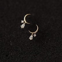 9ct Solid Gold Pear Drop Eclipse Stud Earrings-  9K Au375, slim, sparkle, moon - £70.11 GBP
