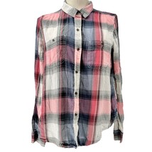 Mudd Shirt Womens Large Blue Pink Plaid Button Front Chest Pockets Long ... - $16.83