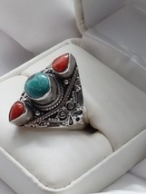 Vtg. Southwestern Turquoise  Coral Sterling Silver Cabochon Ring Sz9 10gr Ornate - £65.78 GBP