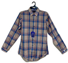 Mens Plaid Button Down Shirt Sz M Beige Blue Y2K Retro Athletic Fit Deadstock - £11.55 GBP