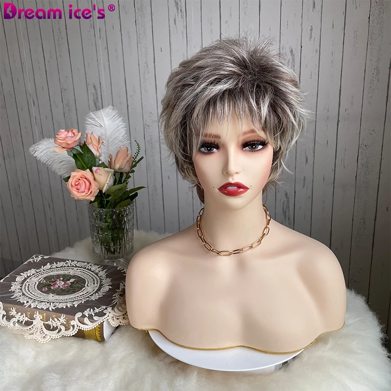 Short Mixed Gray Pixie Cut Synthetic Wig With Bangs For Women Natural Wa - £18.54 GBP