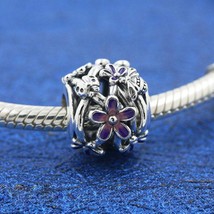 2021 Spring Release 925 Sterling Silver Openwork Purple Daisy Charm With Enamel  - £13.57 GBP