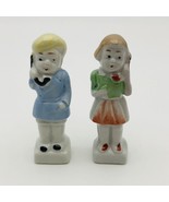 Vintage Girl and Boy Talking on Phone 3.5&quot; Ceramic Figurines Japan - £9.56 GBP