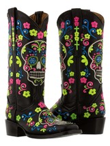 Womens Black Dia De Los Muertos Skull Leather Cowboy Boots Floral Cross Square - £85.41 GBP