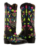 Womens Black Dia De Los Muertos Skull Leather Cowboy Boots Floral Cross ... - £85.32 GBP
