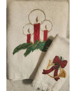 Set Of 2 Christmas Bath &amp; Finger Towels White w/Embroidered Candles, Bow... - $14.75