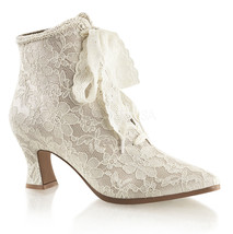 Champagne Satin Lace Overlay Old Fashioned Victorian Ankle Boots Bootie - £46.94 GBP