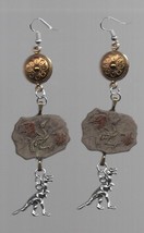 Earrings - Fossil Bird, Silver Dinosaur &amp; Gold Roundel Charm Hook Dangle. - £6.28 GBP