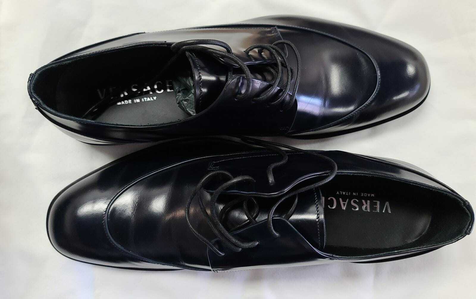 NEW Versace Men's Navy Leather Dress Shoes Shoes DSU6639 - Size 42 - $899.99