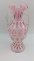 Fenton Cranberry Pink Coin Dot Opalescent 2 Handle Ruffled Rim Vase 11 in #194 image 5