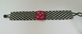 Vintage Woven Seed Bead Bracelet Pink Flower Center 8" - $34.65