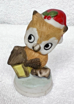 Vintage Big Eyed Owl Christmas Figurine Santa Hat Lantern 3 inches tall - $12.38