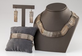 Sterling Silver Jewelry Set Multi-Chain Greek Motif Bracelet Earrings Ne... - €567,60 EUR