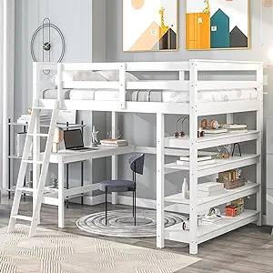 Full Loft Platform Bed With Desk, Ladder And Shelves, Solid Wood Slat Su... - $1,011.99