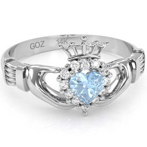 Claddagh Aquamarine Diamond Ring In Solid 14k White Gold - £485.96 GBP