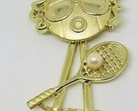 Vintage AJC Gold Tone Tennis Player Swinging Legs Signed Brooch Pin - $11.99