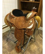 Western show saddle 16&quot; on Eco- leather buffalo chestnut with drum dye f... - $650.98