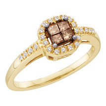 14k Yellow Gold Princess Brown Color Enhanced Diamond Cluster Ring 1/4 Ctw - £358.91 GBP