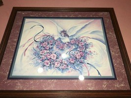 HOMCO by F Buckley an Angel on Top of Heart Wreath of Pink Roses Painting-RARE - £148.95 GBP