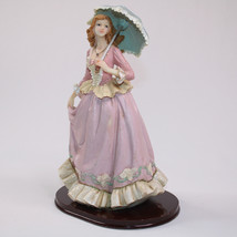 Vintage Lady With Umbrella Wood Base 9 Inches Tall Figurine Pink Ruffle Dress - £16.71 GBP