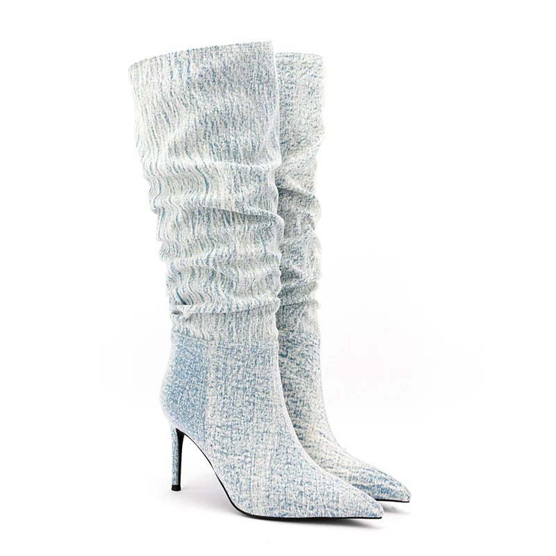 2023 Spring and Autumn New Stiletto Light Blue boy Boots Pleated High-heeled Sle - £224.73 GBP