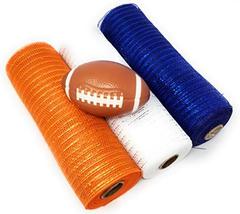 Tesadorz Football Themed 10in Metallic Deco Mesh Rolls (White, Orange, Navy Blue - £22.73 GBP