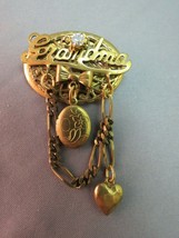 Grandma Locket Brooch Repousse Bronze Gold Tone Rhinestone Dangle Charms... - $26.99