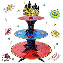 3 Tier Spider Cupcake Stand Superhero Spider Party Decorations Supplies For Kids - £19.66 GBP