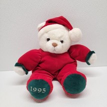 Vintage Christmas White Teddy Bear Plush Red Pajamas &amp; Rattle Hat 1995 - £38.21 GBP