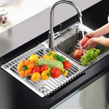 Kitchen Over the Sink Dish Drying Rack Roll Up Stainless Steel Colander ... - £21.05 GBP