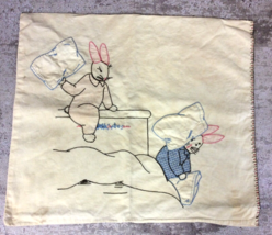 Vintage Needlework Pillow Sham Rabbits Bunnies Pillow Fight 18x15.5 - £14.00 GBP