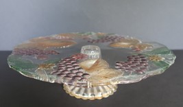 Vtg glass cake tray stand clear with multi color grapes, leaves &amp; flowers design - £30.91 GBP