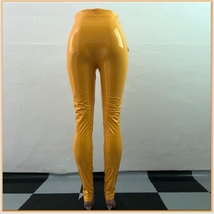 Bright Yellow Tight Fit Faux Leather High Waist Front Zip Up Legging Pencil Pant image 3