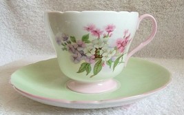 Vintage SHELLEY Fine Bone China Tea Cup &amp; Saucer Floral Mint Green Pink ... - £117.15 GBP