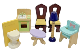 VTG Wooden Doll House Furniture Sink Chairs Lamp Toilet High Chair Lot 7 - £27.94 GBP