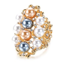 Fashion Pearl Big Ring Gold Color Hollow Crystal Flower Bridal Wedding Rings Lux - £10.31 GBP