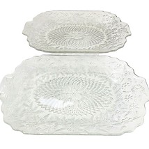 2 Vintage Rectangular Pressed Glass Trays Clear 11&quot; Tiny Flowers Leaves Diamonds - £32.88 GBP