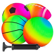 4 Pack Rainbow Sports Balls Set 6 Inch Inflatable Vinyl Balls with Pump ... - $20.89