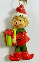 Vintage 3.25 in Christmas Elf Boy Holding Present Ornament Korea - £10.11 GBP