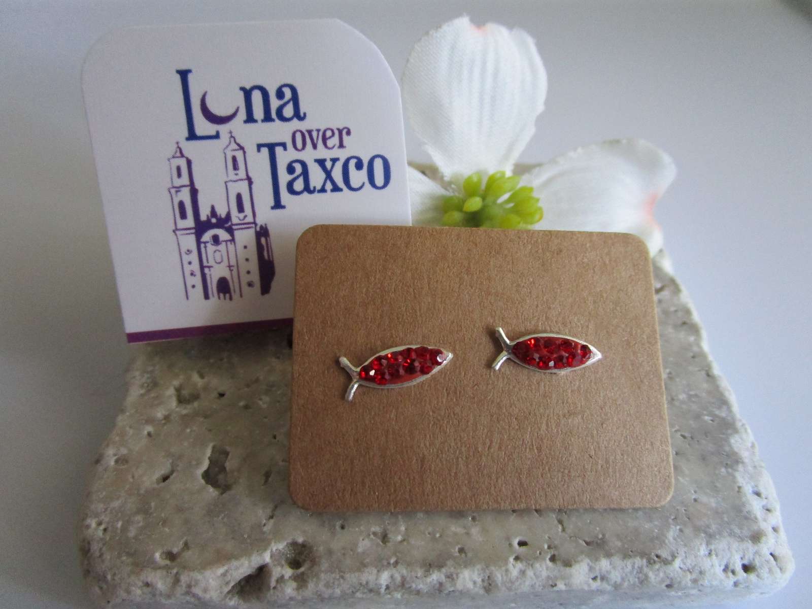 Primary image for Stud Earrings Holy Fish Silver 925 Red Rhinestones Handcrafted