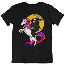 Grim Reaper Riding Unicorn Fantasy Halloween Unisex T-Shirt - £22.03 GBP