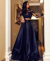 2 Pieces Dark Blue Long Satin Prom Dress Long Sleeves Lace Appliques Women Dress - £111.11 GBP