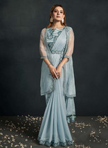 Beautiful Sky Blue Sequence And Appliqu Embroidery Wedding Saree - £91.81 GBP