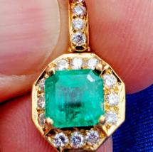 Earth mined Emerald Diamond Pendant Deco Halo Design 18k Gold Hand Crafted - $7,523.01