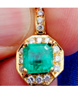 Earth mined Emerald Diamond Pendant Deco Halo Design 18k Gold Hand Crafted - £5,881.80 GBP