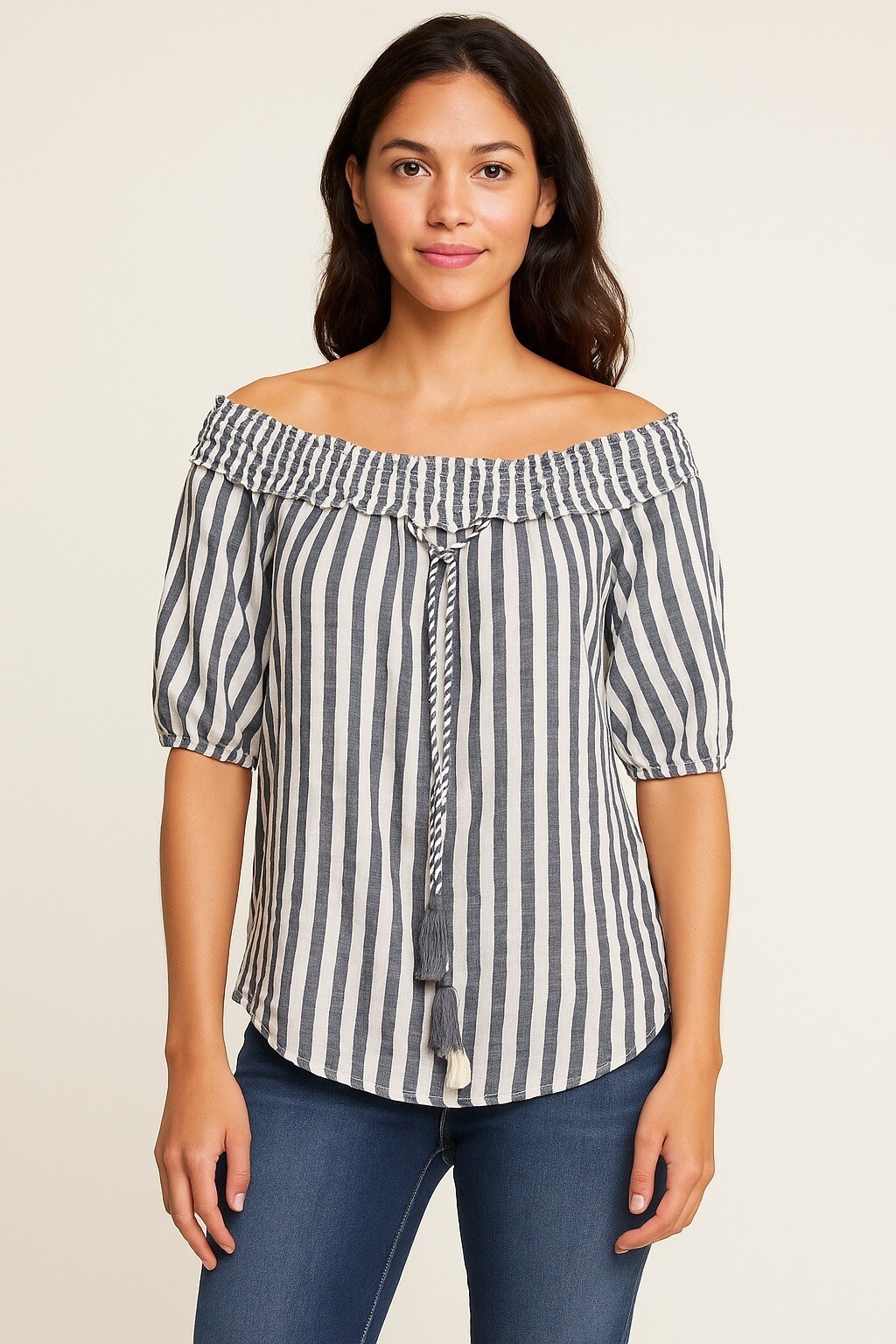 Mud Pie Women’s Striped Peasant Top with Tassel Tie – Size Small Item image 7